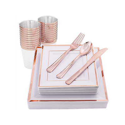 Clear Square and Rose Gold Rim Disposable Plastic Party Sets